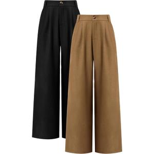 Coume 2 Pack Women Wide Leg Dress Pants High Waisted Business Casual Office Work Trousers Flowy Palazzo Pants with Pockets (Large, Black/Khaki)