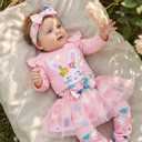 FUNMETA Baby Girl Easter Outfit 4 Piece Kids Long Sleeve Rabbit Romper Toddler Bow Pink Tutu Skirt Headband Leg Warmer Infant Easter Bunny Dress 6-12 Months