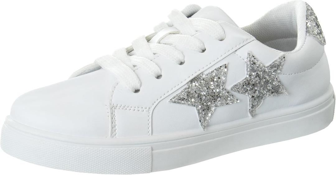 KENSIE GIRL Sneakers Lace Up Non Slip - Fashion Casual Low Top Shoes - White Silver Stars (Size 2 Big Kid)