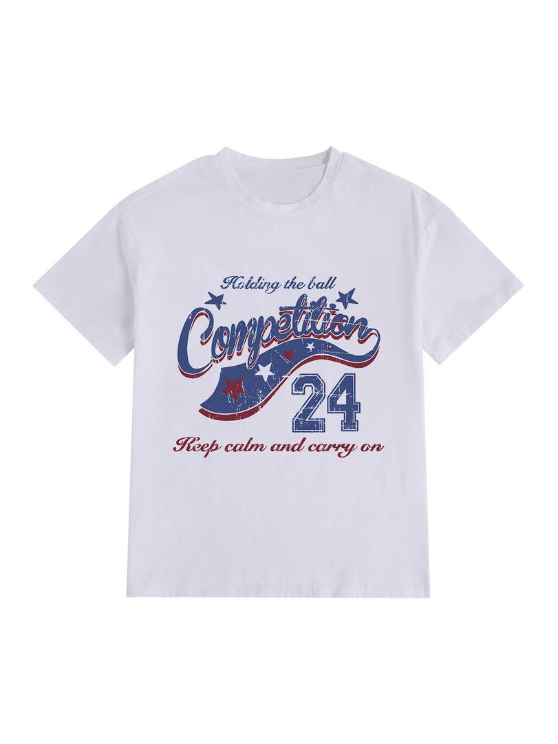 Women's Graphic Letter Tee Crew Neck Drop Shoulder Trendy Summer T Shirt (White, M)