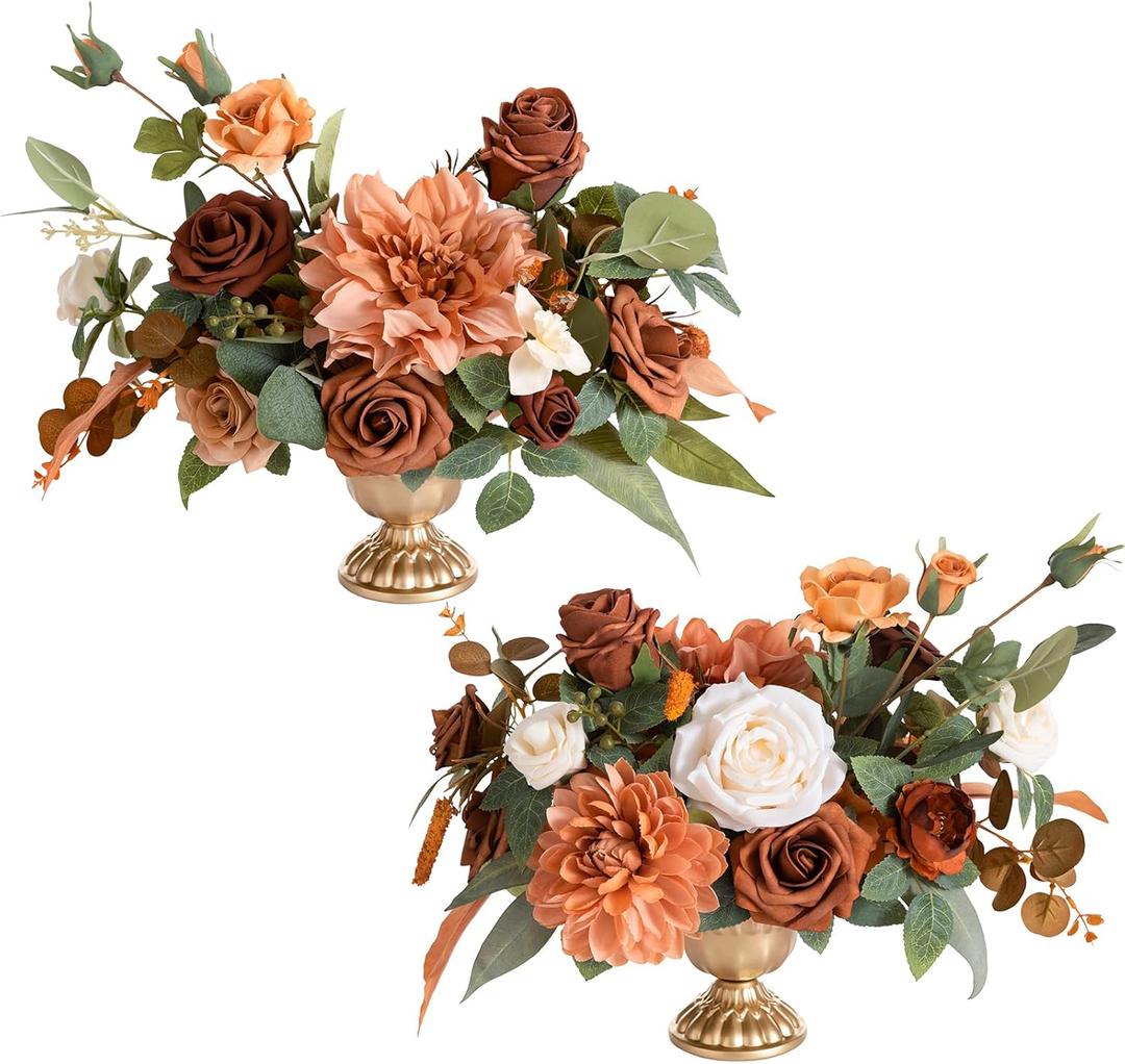 Ling's moment Terracotta Artificial Flowers with Vase Wedding Table Decor Bouquet Centerpiece Flower Potted for Ceremony Reception Desk Flowers Mantel Archway Aisle, Orange Fake Flowers, Set of 2