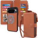 2 in 1 for Google Pixel 9/9 Pro / 10/10 Pro 6.3" Wallet Case Magnetic Compatible with Magsafe RFID Blocking Card Holder Detachable Phone Cover Zipper Purse Kickstand Wrist Strap for Men Brown