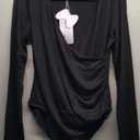 Mangopop Bodysuit Black Long Sleeve Cross Wrap Ruched Women’s Size Large