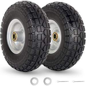 4.10/3.50-4" Flat Free Tire and Wheel, 10" Heavy Duty Solid Tire, 5/8" Axle Bore Hole, 2.2" Offset Hub, for Hand Truck Garden Cart Wagon Trolley Dolly Replacement, 2 Pack