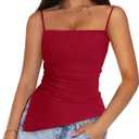 PRETTYGARDEN Women's Summer Spaghetti Strap Tank Tops Sleeveless Camisole Blouses Asymmetrical Going Out Basic Tank Shirt (Red, XL)