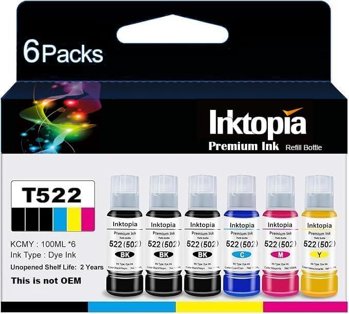 Inktopia T522 522 High Capacity Refill Ink Bottle Replacement for Epson Compatible 502 Ink Refill Bottle Use for EcoTank ET-2803 ET-2800 ET-2720 ET-3750 ET-4800 ET-4700 ET-2750 Black Color