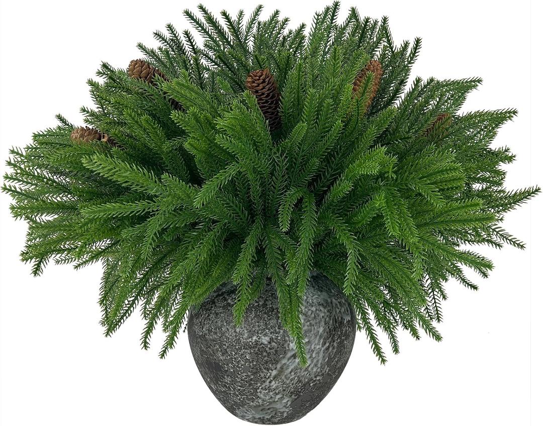 12 Pcs Realistic Christmas Pine 17.7 Inches norfolk pine stems with 5 Big Pinecone christmas decorations Lifelike Greenery Stems for Vases Cedar Wreaths Garland Outdoor Indoor Christmas Decorations