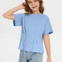 ZDC Girls Pleated Short Sleeve T Shirts Summer Crewneck Tops Casual Cute Basic Tees 5-14 Years Blue