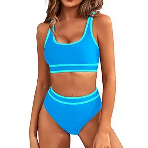 BMJL Women's High Waisted Bikini Sets Sporty Two Piece Swimsuits Color Block Cheeky High Cut Bathing Suits(M,Blue)