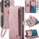 Defencase Compatible with iPhone 13 Pro Max Case Wallet with RFID Blocking Card Holder for Women Men, PU Leather Magnetic Snap Flip Zipper Strap Wallet Phone Case Fit for iPhone 13 Pro Max, Rose Pink