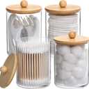 Tbestmax 4 Pack Qtip Holder, 10-Ounce Bathroom Organizer Accessories Storage Containers Clear Plastic Apothecary Jars with Bamboo Lids for Cotton Ball, Cotton Swab, Floss