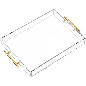 Clear Serving Acrylic Tray-(16x12x2 inches) with Gold Handles-Spill Prevention-Sturdy Decorative-Without Leaking Tray, Kitchen, Bathroom, Living Room-Decorative Tray, xinyishiji05