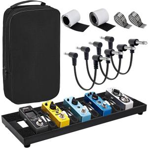Small Guitar Pedal Board, 15x5.7x1.18", Aluminum Alloy Black Effects Mini Pedal Board with 4 Pcs 6 Inch Guitar Pedal Cable, Carrying Bag, Adhesive Hookside Tape