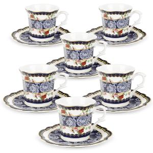 fanquare 2.5 Ounce Espresso Cups Set of 6, 12 Pieces Ceramic Demitasse Cup and Saucers, Blue Lace Pattern Espresso Mugs for Coffee Bar Home