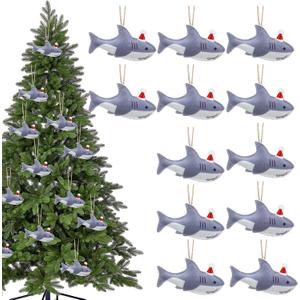 12 Pcs Felt Shark Christmas Ornaments Bulk Shark with Santa Hat Hanging Ornament for Xmas Tree Decoration Ocean Animal Theme for Tree Indoor Outdoor Party Decor