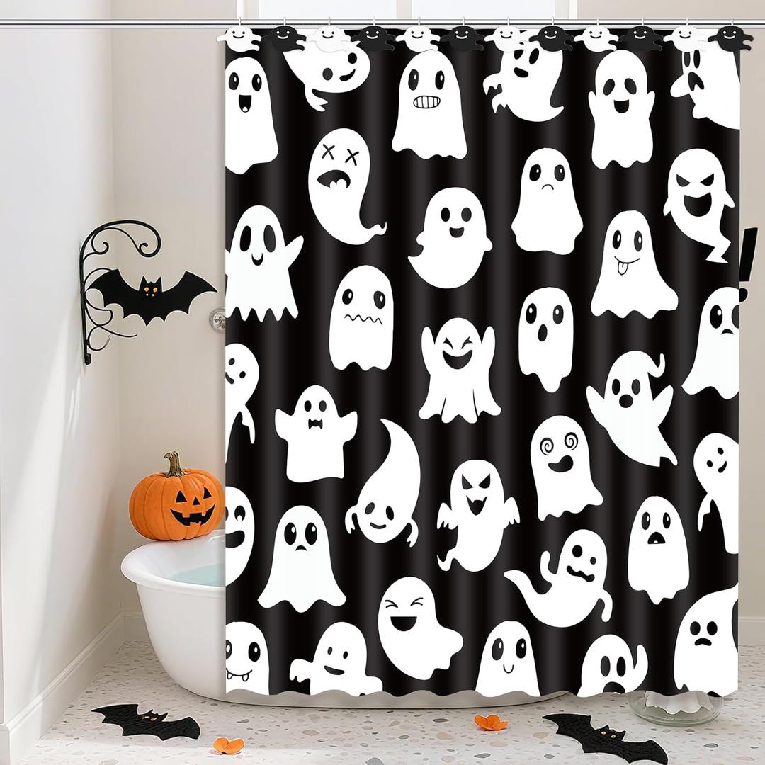Shower Curtain Set 72x72 Inch Gothic Ghost Floral Design, Black & White Fabric Bathroom Curtain with Hooks and Ghosts Decor for Bathroom
