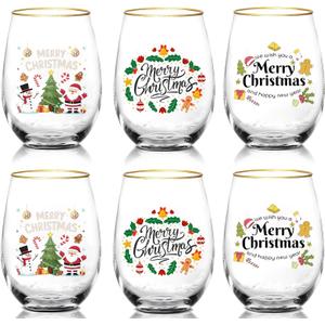 CHLJAR 20OZ Christmas Wine Glasses Cups Set, 6pack - Merry Christmas Designs with Gold Rim, Thoughtful Gift for Family & Friends, Ideal for Holiday Parties & Winter Celebrations