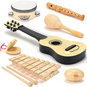 Wooden Musical Instruments for Toddlers  7-Piece Kids Music Set with Xylophone, Guitar & Percussion | Natural Wood, Non-Toxic | Ages 3+