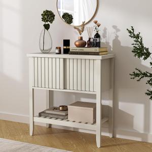 Console Table, Narrow Long Sofa Table with 2 Sliding Doors and Shelf, Fluted Entryway Table for Entryway, Living Room, Foyer, Hallway, Office (Beige) (Light Brown)