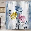Rustic Farmhouse Shower Curtain, Farm Blue Daisy Floral Flowers and Butterfly on Country Wooden Shower Curtain for Bathroom, Turquoise Pink Yellow Bathroom Shower Curtains with 12PCS Hooks, 70X70IN