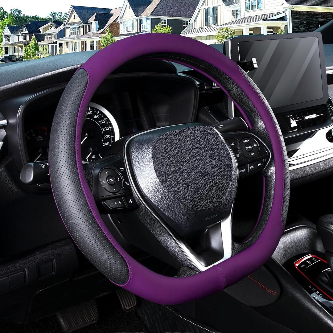 SEG Direct D Shaped Steering Wheel Cover for 14.5-15 inch Flat Bottom Wheels, Breathable Perforated Microfiber Leather, Anti-Slip Grip, Universal Fit for Cars & SUVs, Black and Dawn Purple