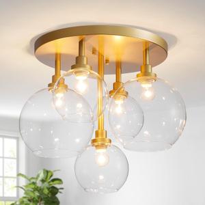 D18 inch Glass Bubble Gold Chandeliers, 5-Light Modern Design Flushmount Ceiling Light for Dining Room, Living Room, Bedroom, D17.7 *H15 inche, Clear Glass Ball with Gold Finish, Large
