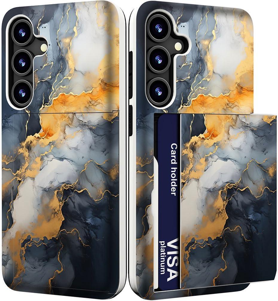 Compatible with Samsung Galaxy S24 Plus & S25 Plus Case Cute with Card Holder/Slim Slot Wallet Phone Case for S24+ & S25+ / Grey Yellow Marble Natural Stone Swirls Painting