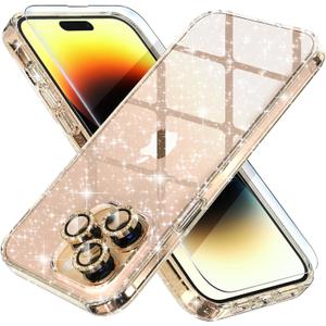 Choiche Compatible for iPhone 14 Pro Max Case Women Phone Case, Cute Bling Sparkly, Military Grade Protection, 3 Diamond Camera Lens Covers, 2 Tempered Glass Protectors, 6.7 inch (Glitter Gold)