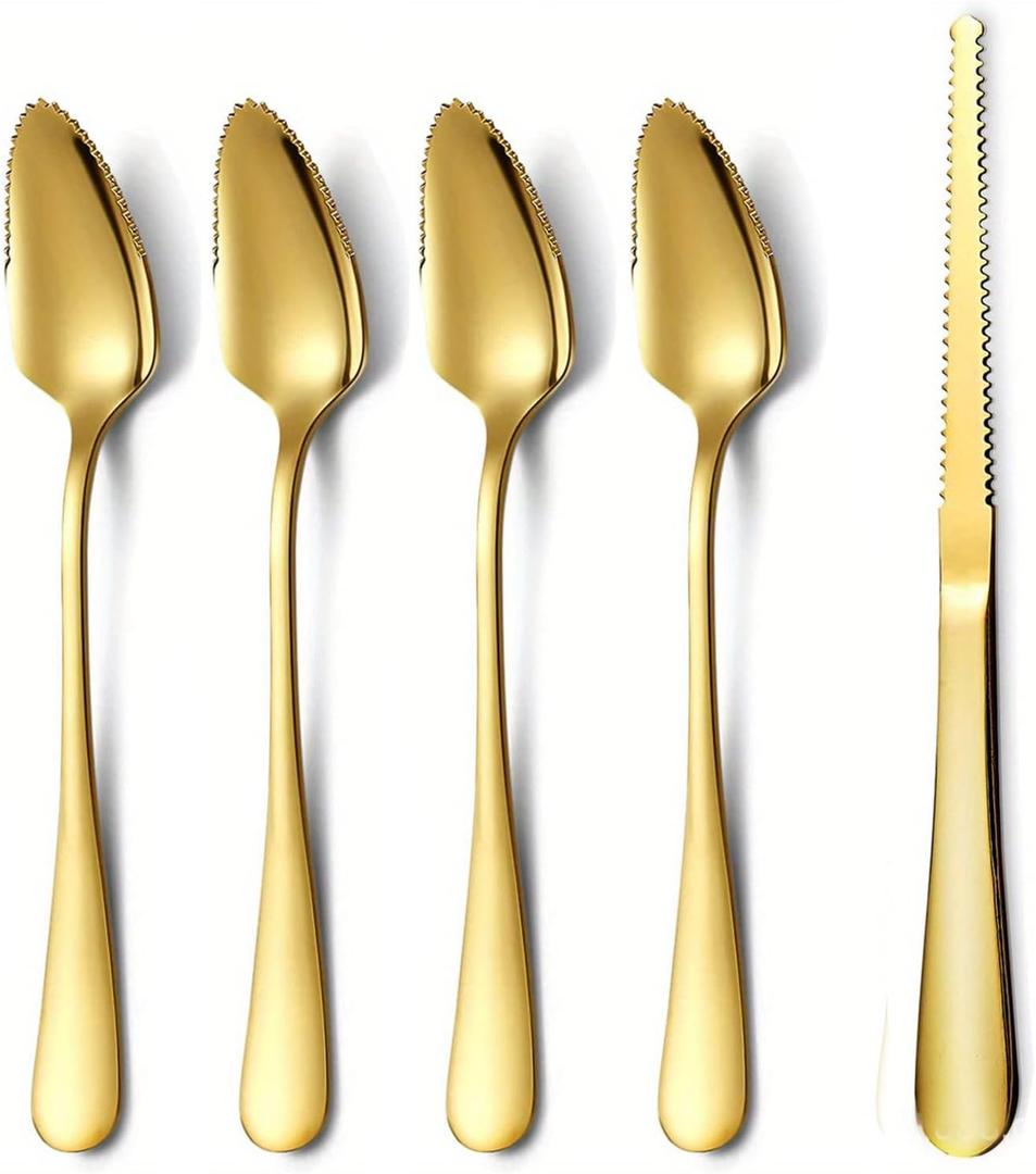 Grapefruit Spoons Serrated Edge Grapefruit Knife Stainless Steel Grapefruit Utensil Tool Dessert Spoons for Citrus Lemon Kiwi Salads Melon Lime Pitaya Apple Fruit Puree (Gold)