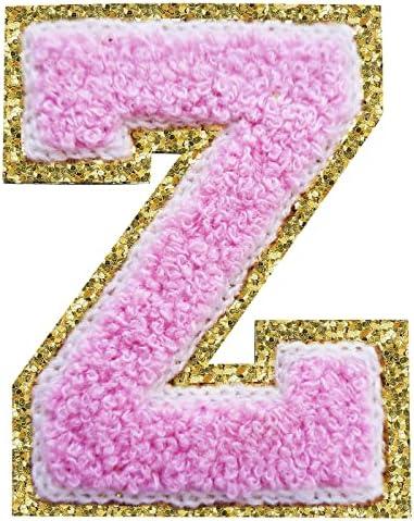 Letter Patches Varsity Glitters Chenille,3 PCS SPRT Iron on Pink Letter Patch,Alphabet Cloth Patch for Team Costume Decoration 3.1in Height Z (3 Pieces), Set of 5