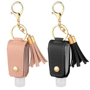 Mozeat Lens 2 Pcs Portable Leather Hand Sanitizer Holder Leakproof Plastic Bottles Travel Holder for Lotion Liquid Soap Shampoo Black Pink