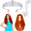 3 Pcs Halloween Singer Look Costume Set Long Red Orange Curly Wig Silver Crystal Tiara and Blank White Sash Retro Singer Performance Outfit for Pop Star Cosplay
