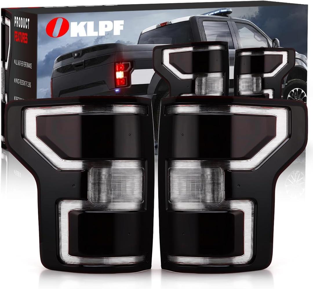OKLPF Rear Brake Smoked Tail Light Compatible With 2018 2019 2020 Ford F150 F-150 Replace JL3Z13405H,Replace Smoke Black Taillight Assembly,Included Bulbs and Harness,Driver and Passenger Side