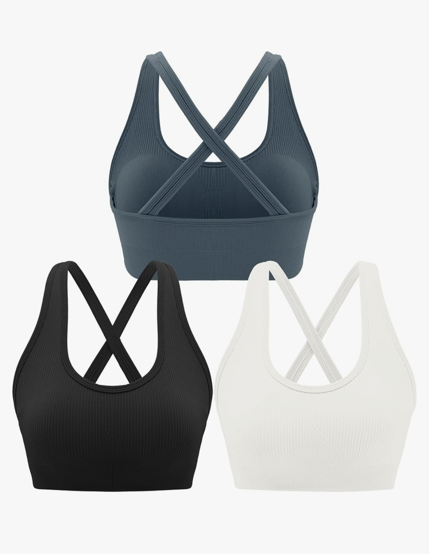 RUNNING GIRL Sports Bra for Women High Support, Criss-Cross Back Padded Strappy Sports Bras Yoga Bra with Removable Cups L, Black, Blue, White