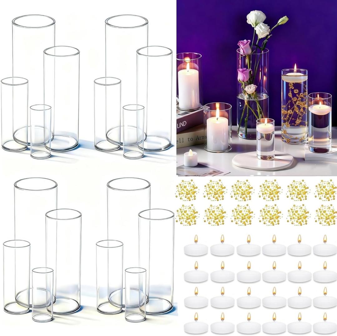UDU 16 Set Glass Cylinder Vases for Centerpieces with 80000 Clear Beads 24 White Floating Candles 12 Pearl String Center Pieces Decoration for Table Table Wedding Party Home