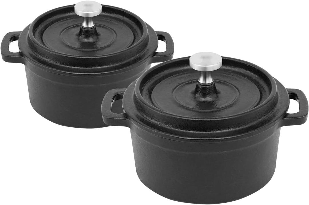 Mini Cocotte 16 oz Mini Dutch Oven 0.5 qt. Cast Iron Garlic Roaster for Oven Garlic Confit Pot Ramekins with Lids Oven Safe Set of 2, Black