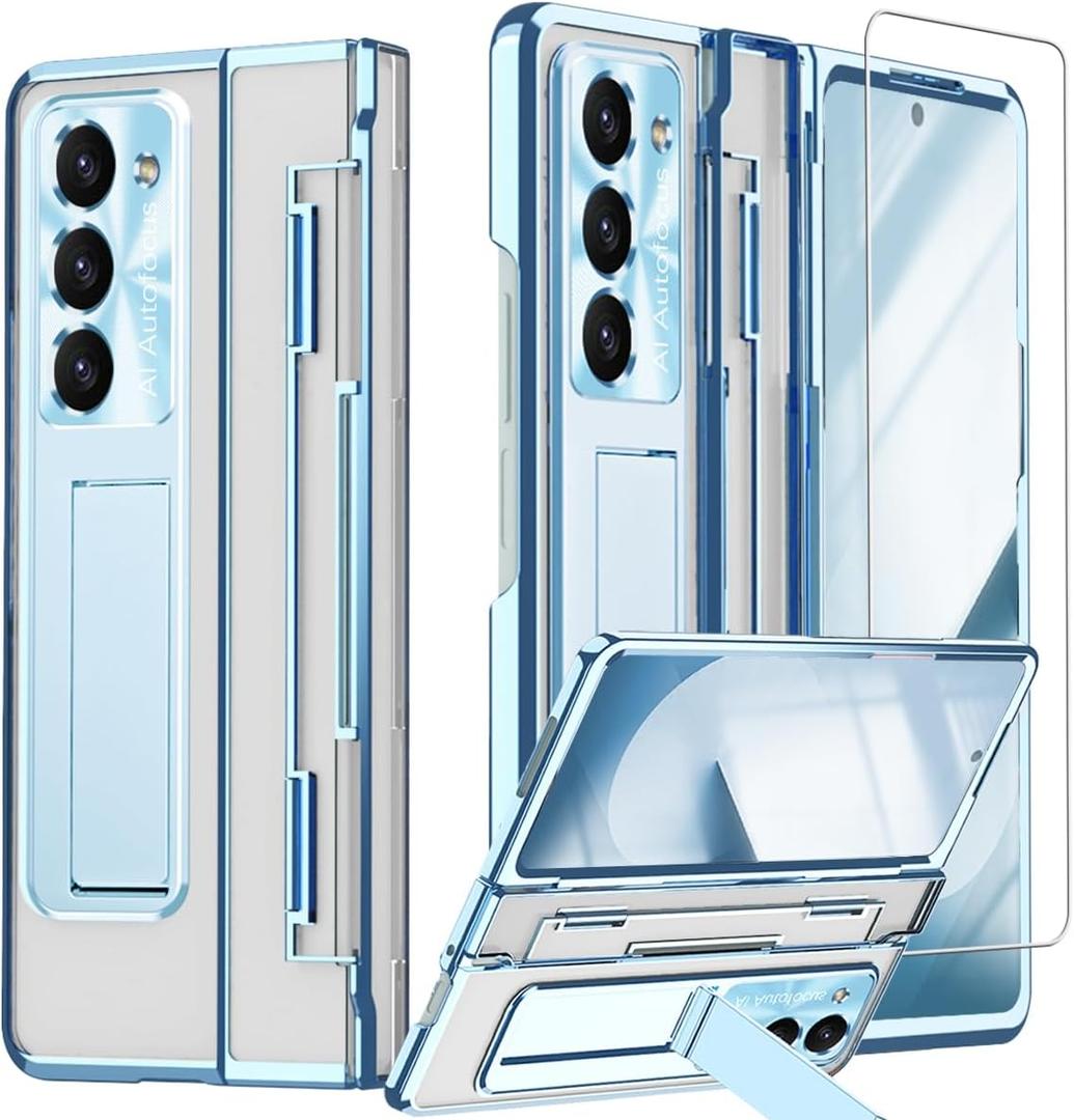 for Samsung Galaxy Z Fold 6 Clear Case with Flat Hinge Protection, Fold6 Kickstand Case with Screen Protector Scratch-Resistant All-Inclusive Transparent Protective Cover for Z Fold 6 Blue