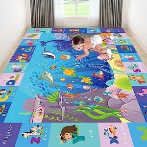 LTKOUGFAM Baby Mat for Floor, Sea Animal Play Rug, ABC Kids Rugs for Playroom, Ocean Playmat Crawling Tummy Time Mat, Non-Toxic Non-Slip Foldable Mats (110.2X78.7 INCH)