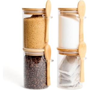 Set of 4 Glass Pantry Storage Containers with lids (17oz)  Glass Sugar Container with Spoon perfect for -Tea, Coffee, Sugar, Spices & More  Stylish Kitchen Food Storage Containers