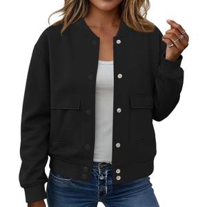 ETCYY NEW Bomber Jackets for Women 2025 Trendy Fall Winter Cropped Coats Button Down Casual Varsity Jacket with Pockets (Small, Solidblack)