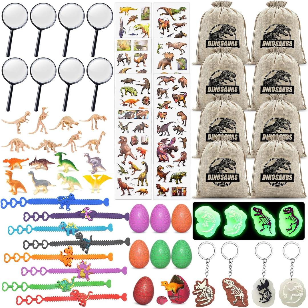 Dinosaur Party Favors for Kids,Dino Birthday Toys with Hatchable Eggs,Glow-in-the-Dark Keychains, Skeleton Models,3D Stickers & Magnifying Glass  Dinosaur Themed Party Toys for Boys & Girls