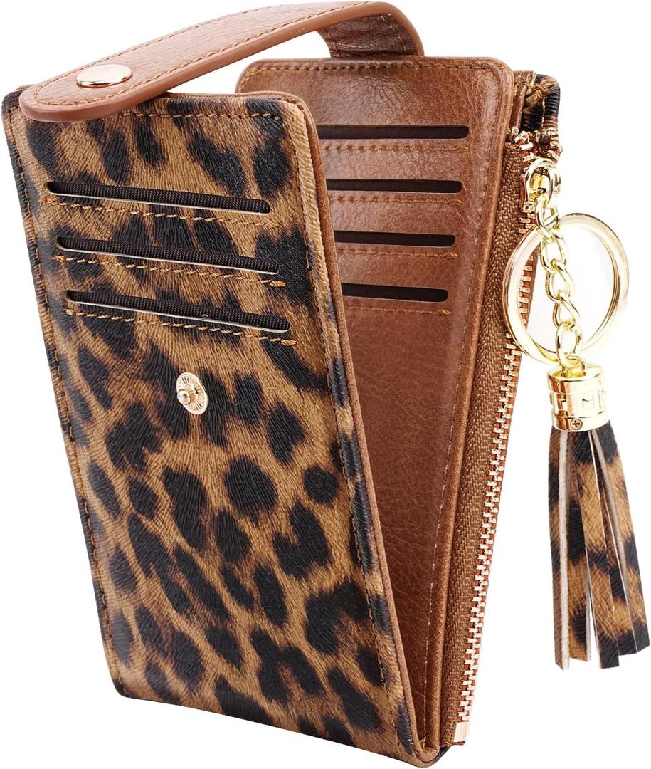 Slim Card Holder Wallet for Women RFID Blocking Leather Multi Card Bifold Wallet with Tassel Zipper Coin Pocket,Leopard