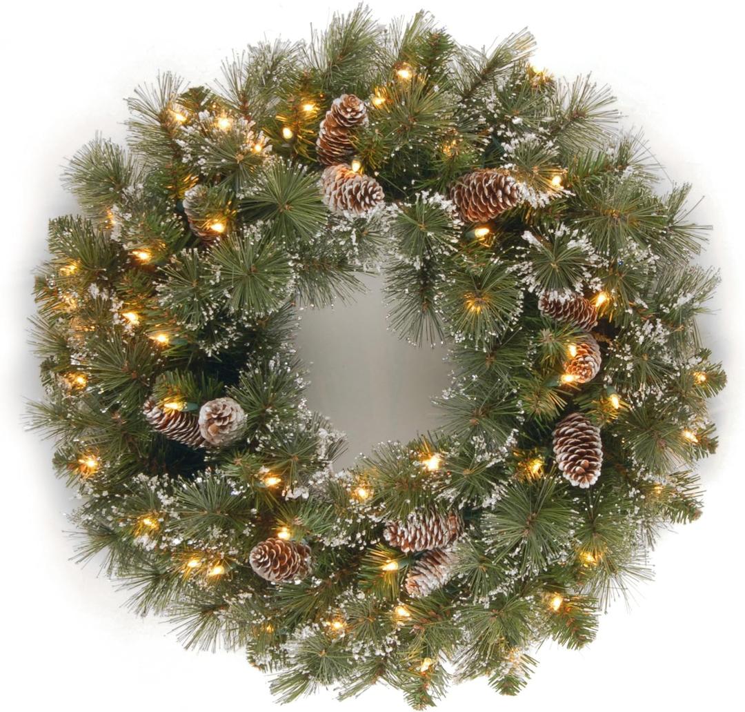 National Tree Company Pre-Lit Artificial Christmas Wreath, Green, Glittery Pine, White Lights, Decorated with Pine Cones, Frosted Branches, Christmas Collection, 24 Inches
