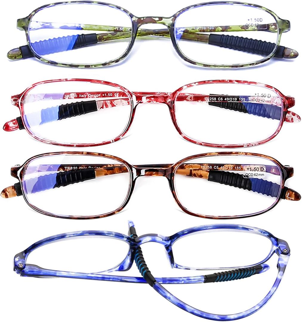 AQWANO 4 Pack Computer Reading Glasses Blue Light Blocking Lightweight TR90 Flexible Frame UV Protection Readers for Women Men (4 Pack, 4.00)
