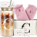 Unique Initial Glass Cup with Lids and Straws, Monogrammed Gifts Box Included Makeup Bag, Christmas Birthday Gifts for Women Mom Sister Grandma, C