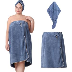 OneDream Plus Size Towel Wrap for Women, Adjustable Towel Wrap Women with Hair Towel (XXL-XXXXL), Bath Towel Dress After Shower, Large Spa Towels for Body Blue