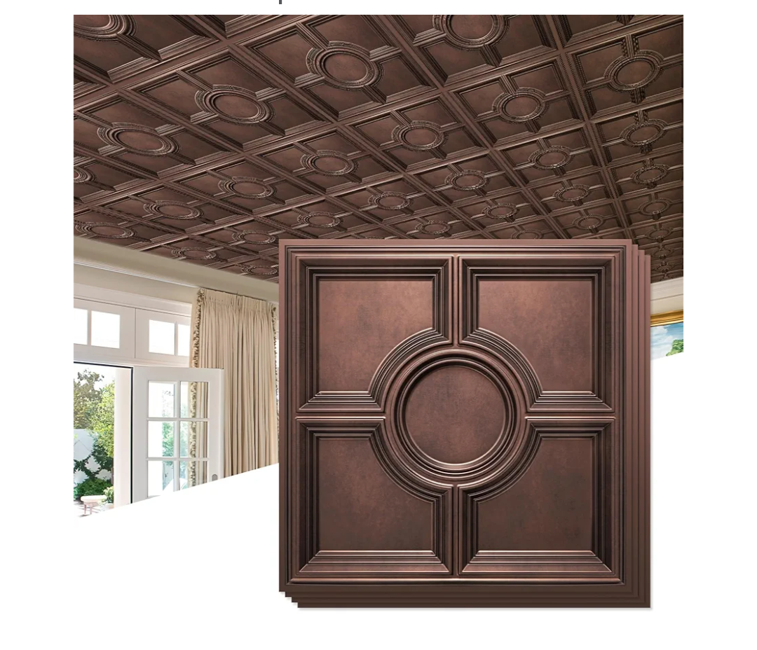 STICKGOO PVC Ceiling Tiles, Antique Copper Decorative Drop Ceiling Tiles 24 x 24in, 12-Pack Panels Cover 48 Sq. Ft