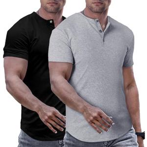 JMIERR Men's Muscle Slim Henley Shirts Crewneck Longline T-Shirt Gym Workout Athletic Shirt Tees with Button (X-Large, Pack-grey/Black)