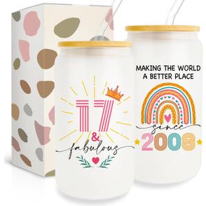 Gifts For 17 Year Old Girl, 17 Year Old Girl Gifts, 17th Birthday Gifts for Girls, 2008 Birthday Present, Happy 17th Birthday Glass Cups with Lids and Straws, 17th Birthday Decorations for Girls