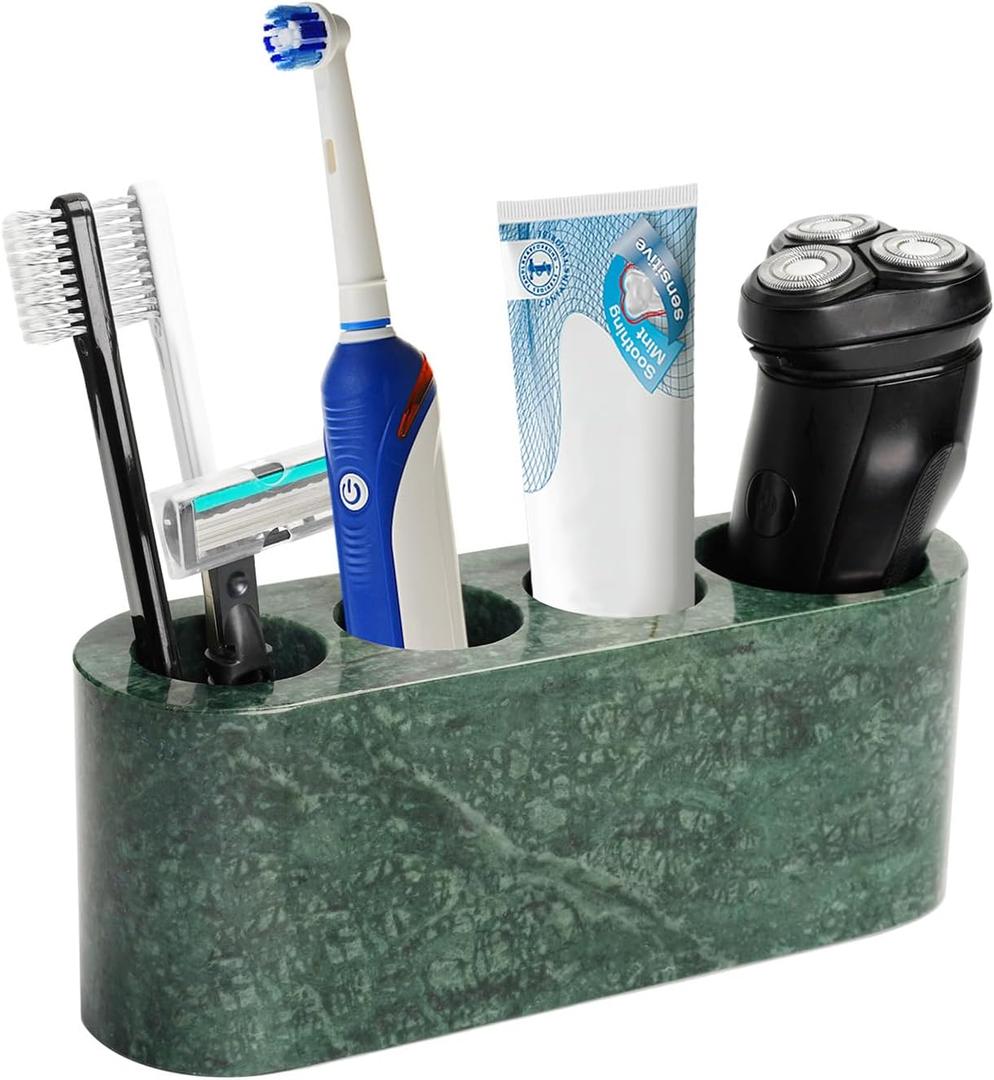 BCS Toothbrush Holder for Bathrooms, 4 Slots Marble Toothbrush and Toothpaste Holder Stand Bathroom Organizer Countertop for Electric Toothbrush, Floss, Razor, Comb - Italy Green